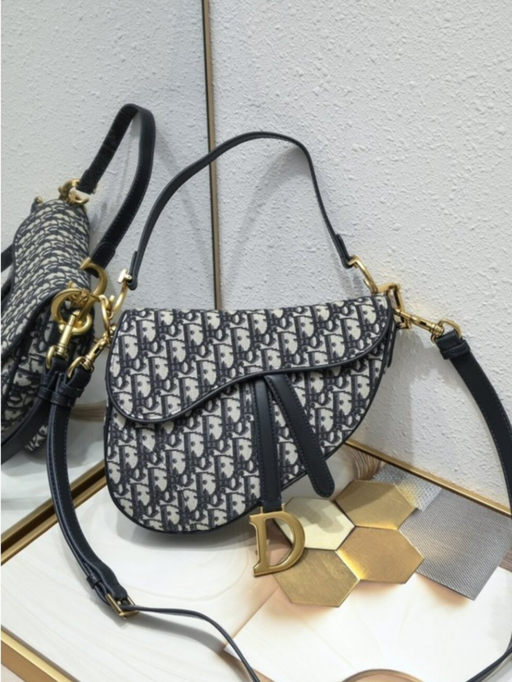 Monogram Print Black and White Saddle Shoulder Bag